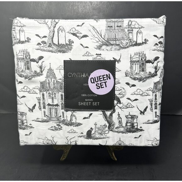 CYNTHIA ROWLEY QUEEN SHEET SET Halloween Toile Haunted House Cemetery Bats NEW - Picture 1 of 7